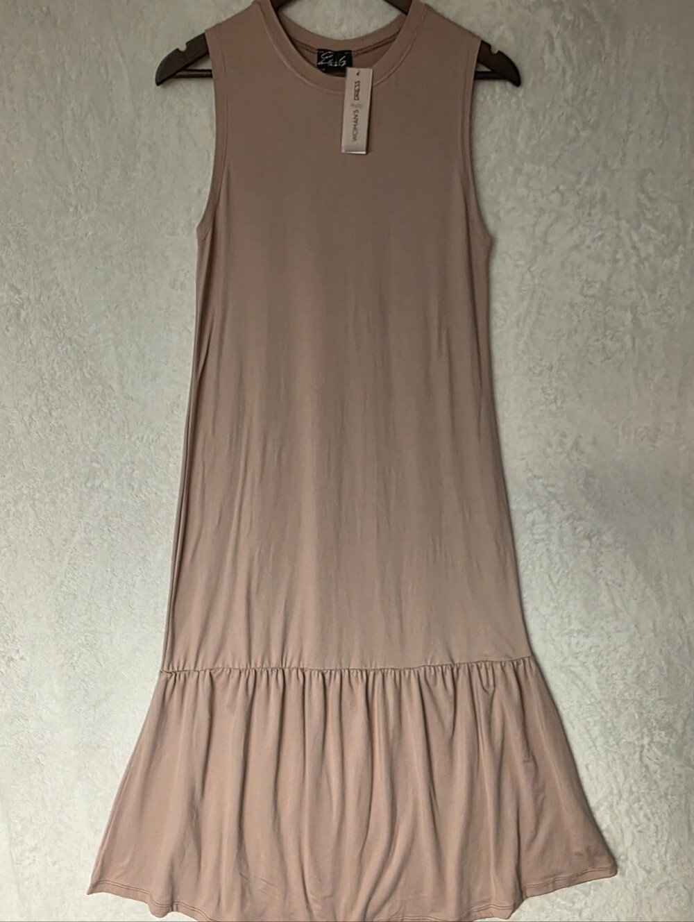 Iridescent Blush Pink Sleeveless Stretch Knit Maxi Dress with Ruffled Hem Size L
